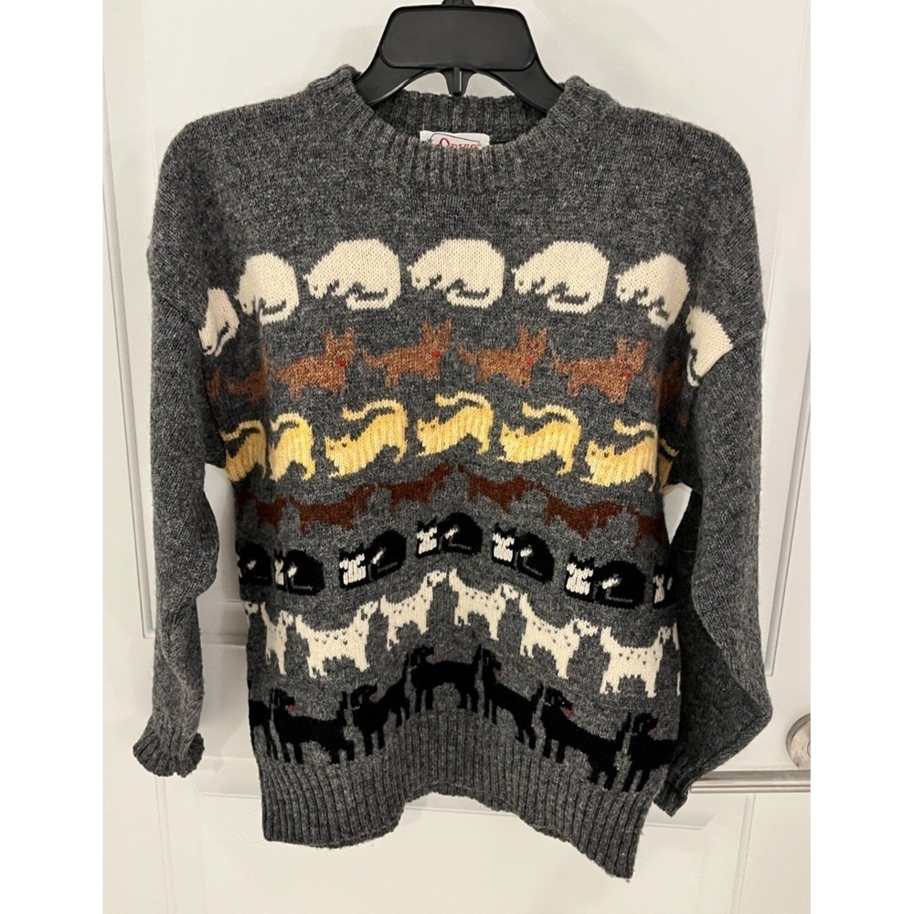 Vtg Orvis Sweater Womens Large 100% Shetland Wool Cat Dogs Animals Pets
